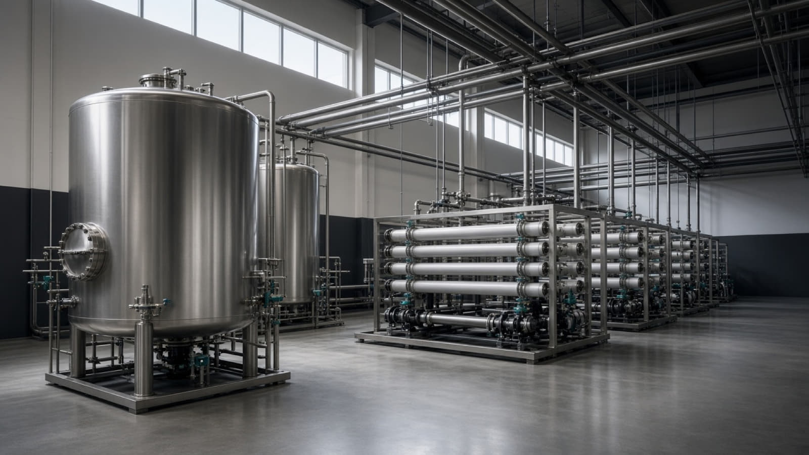 Stainless filtration tanks and reverse-osmosis racks inside a water treatment hall